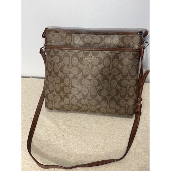 Coach Signature C File Bag Crossbody Shoulder Bag Purse Khaki Mahogony Sz 12x10 - Picture 2 of 16
